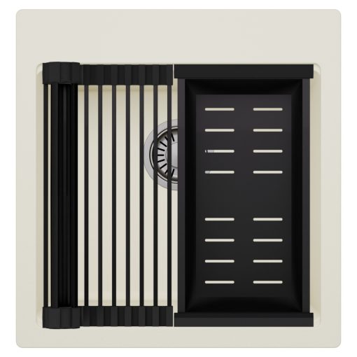 HD Infinity White 48 egymedencés gránit mosogatótálca szett, matt fekete csepegtetőráccsal és kosárral, tört fehér színben