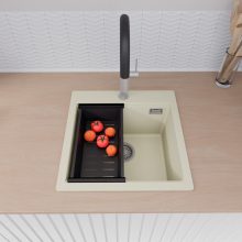 HD Infinity White 48 egymedencés gránit mosogatótálca szett, matt fekete csepegtetőráccsal és kosárral, tört fehér színben