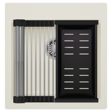 HD Infinity White 48 egymedencés gránit mosogatótálca szett, acél csepegtetőráccsal és matt fekete kosárral, tört fehér színben