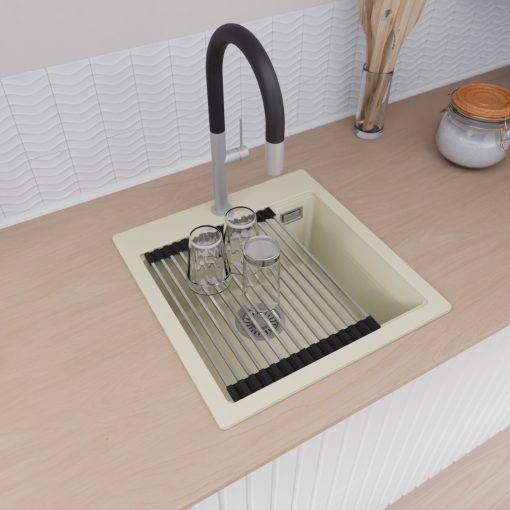 HD Infinity White 48 egymedencés gránit mosogatótálca szett, acél csepegtetőráccsal és kosárral, tört fehér színben