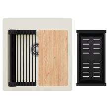 HD Infinity White 48 egymedencés gránit mosogatótálca szett, vágódeszkával, vágódeszkával, matt fekete csepegtetőráccsal és kosárral, tört fehér színben