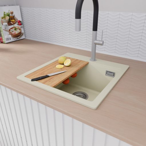 HD Infinity White 48 egymedencés gránit mosogatótálca szett, vágódeszkával, vágódeszkával, matt fekete csepegtetőráccsal és krómozott kosárral, tört fehér színben