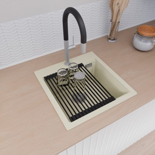 HD Infinity White 48 egymedencés gránit mosogatótálca szett, vágódeszkával, vágódeszkával, matt fekete csepegtetőráccsal és krómozott kosárral, tört fehér színben