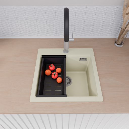 HD Infinity White 48 egymedencés gránit mosogatótálca szett, vágódeszkával, vágódeszkával, matt fekete csepegtetőkosárral, tört fehér színben