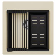 HD Infinity Beige 48 egymedencés gránit mosogatótálca szett, matt fekete csepegtetőráccsal és kosárral, soft bézs színben, szálcsiszolt króm leeresztő szifonnal