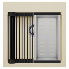 HD Infinity Beige 48 egymedencés gránit mosogatótálca szett, matt fekete csepegtetőráccsal és krómozott kosárral, soft bézs színben, szálcsiszolt króm leeresztő szifonnal