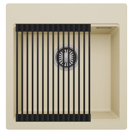 HD Infinity Beige 48 egymedencés gránit mosogatótálca szett, matt fekete csepegtetőráccsal, soft bézs színben, szálcsiszolt króm leeresztő szifonnal
