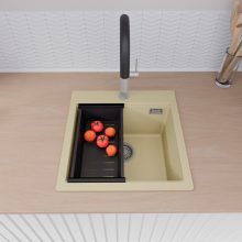 HD Infinity Beige 48 egymedencés gránit mosogatótálca szett, acél csepegtetőráccsal és matt fekete kosárral, soft bézs színben, szálcsiszolt króm leeresztő szifonnal