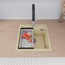 HD Infinity Beige 48 egymedencés gránit mosogatótálca szett, acél csepegtetőráccsal és kosárral, soft bézs színben, szálcsiszolt króm leeresztő szifonnal