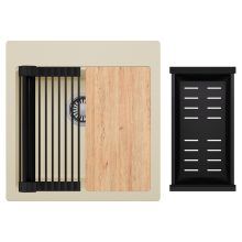 HD Infinity Beige 48 egymedencés gránit mosogatótálca szett, vágódeszkával, matt fekete csepegtetőráccsal és kosárral, soft bézs színben, szálcsiszolt króm leeresztő szifonnal