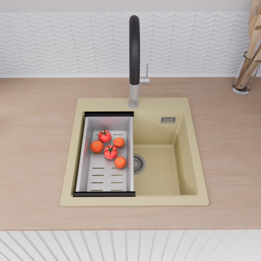 HD Infinity Beige 48 egymedencés gránit mosogatótálca szett, vágódeszkával, matt fekete csepegtetőráccsal és krómozott kosárral, soft bézs színben, szálcsiszolt króm leeresztő szifonnal