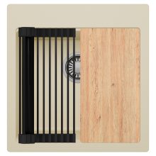 HD Infinity Beige 48 egymedencés gránit mosogatótálca szett, vágódeszkával, matt fekete csepegtetőráccsal, soft bézs színben, szálcsiszolt króm leeresztő szifonnal