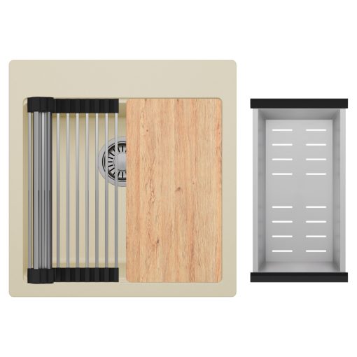 HD Infinity Beige 48 egymedencés gránit mosogatótálca szett, vágódeszkával, acél csepegtetőráccsal és kosárral, soft bézs színben, szálcsiszolt króm leeresztő szifonnal