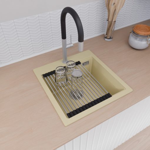 HD Infinity Beige 48 egymedencés gránit mosogatótálca szett, vágódeszkával, acél csepegtetőráccsal és kosárral, soft bézs színben, szálcsiszolt króm leeresztő szifonnal