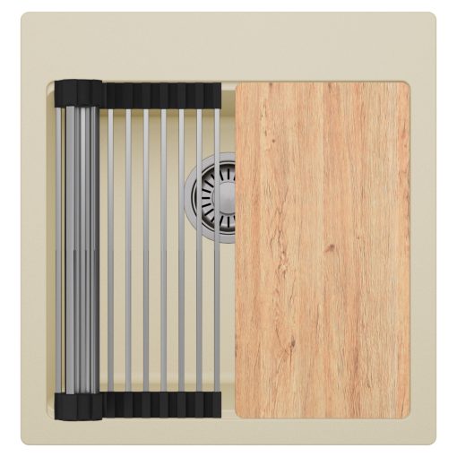 HD Infinity Beige 48 egymedencés gránit mosogatótálca szett, vágódeszkával, acél csepegtetőráccsal, soft bézs színben, szálcsiszolt króm leeresztő szifonnal