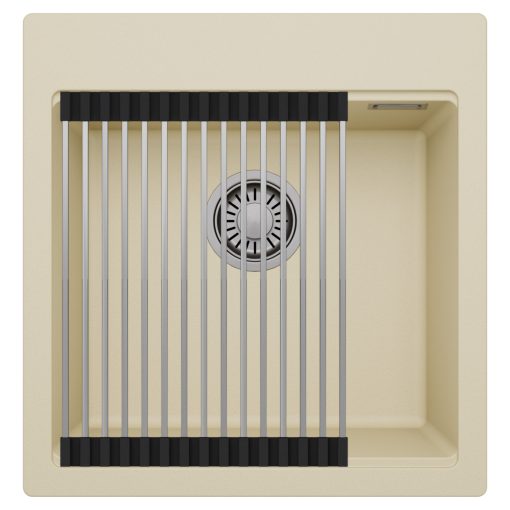 HD Infinity Beige 48 egymedencés gránit mosogatótálca szett, acél csepegtetőráccsal, soft bézs színben, szálcsiszolt króm leeresztő szifonnal