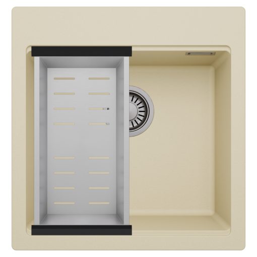 HD Infinity Beige 48 egymedencés gránit mosogatótálca szett, acél csepegtetőkosárral, soft bézs színben, szálcsiszolt króm leeresztő szifonnal