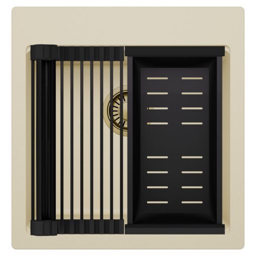 HD Infinity Beige 48 egymedencés gránit mosogatótálca szett, matt fekete csepegtetőráccsal és kosárral, soft bézs színben, szálcsiszolt arany leeresztő szifonnal