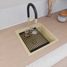 HD Infinity Beige 48 egymedencés gránit mosogatótálca szett, matt fekete csepegtetőráccsal és kosárral, soft bézs színben, szálcsiszolt arany leeresztő szifonnal