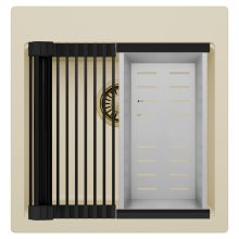 HD Infinity Beige 48 egymedencés gránit mosogatótálca szett, matt fekete csepegtetőráccsal és krómozott kosárral, soft bézs színben, szálcsiszolt arany leeresztő szifonnal