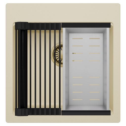 HD Infinity Beige 48 egymedencés gránit mosogatótálca szett, matt fekete csepegtetőráccsal és krómozott kosárral, soft bézs színben, szálcsiszolt arany leeresztő szifonnal