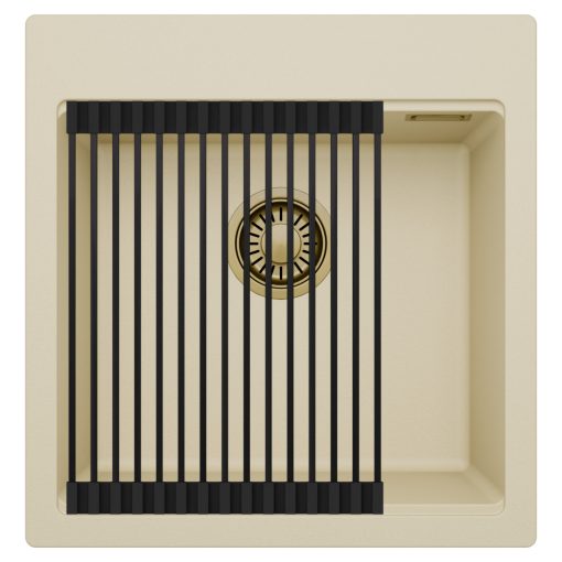 HD Infinity Beige 48 egymedencés gránit mosogatótálca szett, matt fekete csepegtetőráccsal, soft bézs színben, szálcsiszolt arany leeresztő szifonnal