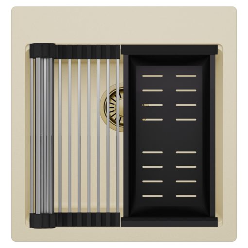 HD Infinity Beige 48 egymedencés gránit mosogatótálca szett, acél csepegtetőráccsal és matt fekete kosárral, soft bézs színben, szálcsiszolt arany leeresztő szifonnal