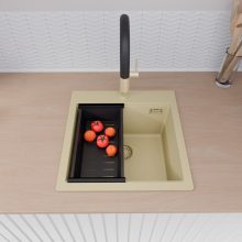 HD Infinity Beige 48 egymedencés gránit mosogatótálca szett, acél csepegtetőráccsal és matt fekete kosárral, soft bézs színben, szálcsiszolt arany leeresztő szifonnal