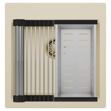 HD Infinity Beige 48 egymedencés gránit mosogatótálca szett, acél csepegtetőráccsal és kosárral, soft bézs színben, szálcsiszolt arany leeresztő szifonnal