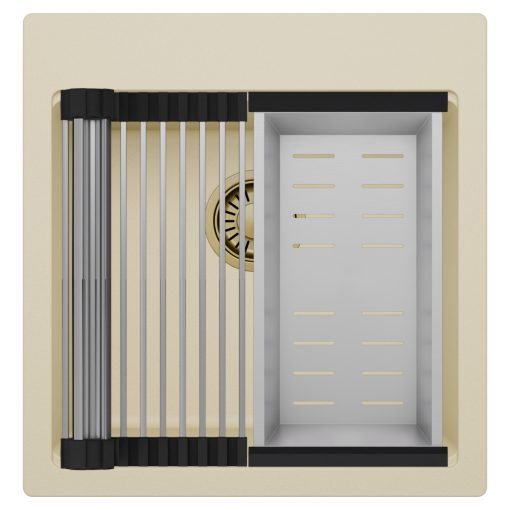 HD Infinity Beige 48 egymedencés gránit mosogatótálca szett, acél csepegtetőráccsal és kosárral, soft bézs színben, szálcsiszolt arany leeresztő szifonnal