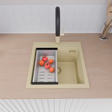 HD Infinity Beige 48 egymedencés gránit mosogatótálca szett, acél csepegtetőráccsal és kosárral, soft bézs színben, szálcsiszolt arany leeresztő szifonnal