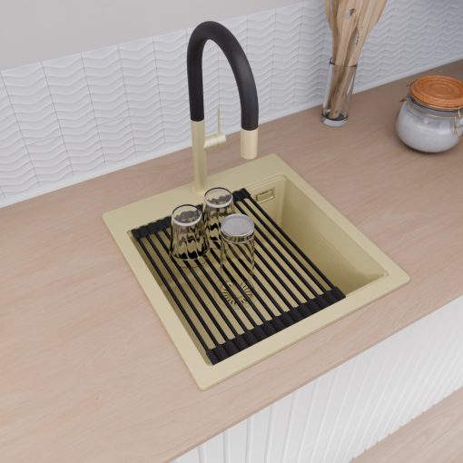 HD Infinity Beige 48 egymedencés gránit mosogatótálca szett, vágódeszkával, matt fekete csepegtetőráccsal és kosárral, soft bézs színben, szálcsiszolt arany leeresztő szifonnal