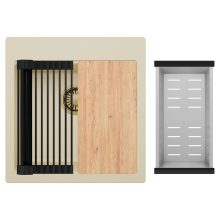 HD Infinity Beige 48 egymedencés gránit mosogatótálca szett, vágódeszkával, matt fekete csepegtetőráccsal és krómozott kosárral, soft bézs színben, szálcsiszolt arany leeresztő szifonnal