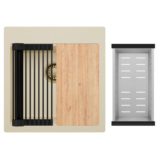 HD Infinity Beige 48 egymedencés gránit mosogatótálca szett, vágódeszkával, matt fekete csepegtetőráccsal és krómozott kosárral, soft bézs színben, szálcsiszolt arany leeresztő szifonnal