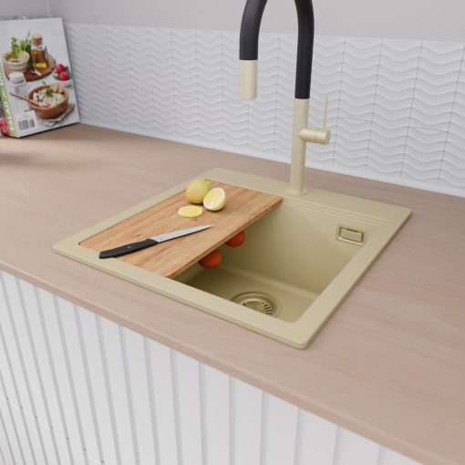 HD Infinity Beige 48 egymedencés gránit mosogatótálca szett, vágódeszkával, matt fekete csepegtetőráccsal és krómozott kosárral, soft bézs színben, szálcsiszolt arany leeresztő szifonnal