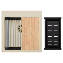 HD Infinity Beige 48 egymedencés gránit mosogatótálca szett, vágódeszkával, acél csepegtetőráccsal és matt fekete kosárral, soft bézs színben, szálcsiszolt arany leeresztő szifonnal