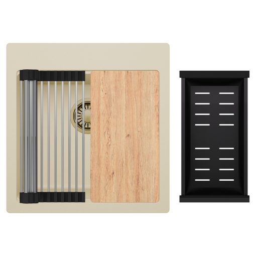 HD Infinity Beige 48 egymedencés gránit mosogatótálca szett, vágódeszkával, acél csepegtetőráccsal és matt fekete kosárral, soft bézs színben, szálcsiszolt arany leeresztő szifonnal