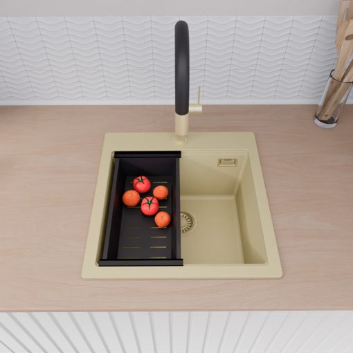 HD Infinity Beige 48 egymedencés gránit mosogatótálca szett, vágódeszkával, acél csepegtetőráccsal és matt fekete kosárral, soft bézs színben, szálcsiszolt arany leeresztő szifonnal