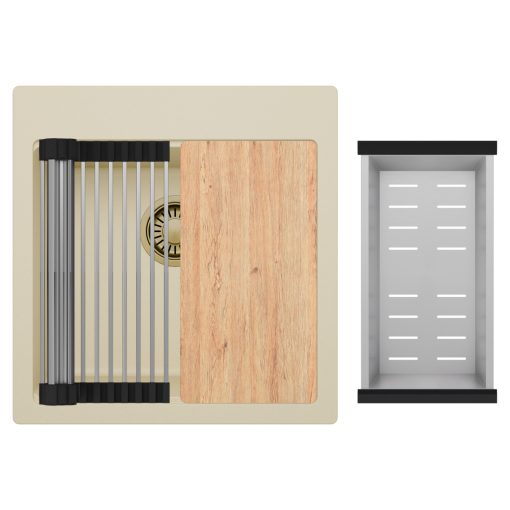 HD Infinity Beige 48 egymedencés gránit mosogatótálca szett, vágódeszkával, acél csepegtetőráccsal és kosárral, soft bézs színben, szálcsiszolt arany leeresztő szifonnal