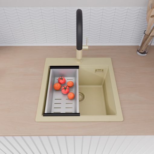 HD Infinity Beige 48 egymedencés gránit mosogatótálca szett, vágódeszkával, acél csepegtetőráccsal és kosárral, soft bézs színben, szálcsiszolt arany leeresztő szifonnal