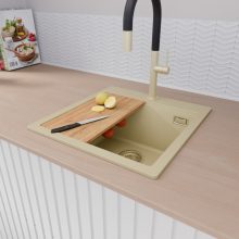 HD Infinity Beige 48 egymedencés gránit mosogatótálca szett, vágódeszkával, matt fekete csepegtetőkosárral, soft bézs színben, szálcsiszolt arany leeresztő szifonnal