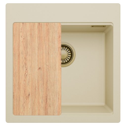HD Infinity Beige 48 egymedencés gránit mosogatótálca, vágódeszkával, soft bézs színben, szálcsiszolt arany leeresztő szifonnal