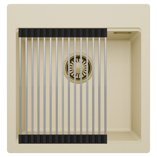 HD Infinity Beige 48 egymedencés gránit mosogatótálca szett, acél csepegtetőráccsal, soft bézs színben, szálcsiszolt arany leeresztő szifonnal