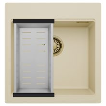 HD Infinity Beige 48 egymedencés gránit mosogatótálca szett, acél csepegtetőkosárral, soft bézs színben, szálcsiszolt arany leeresztő szifonnal