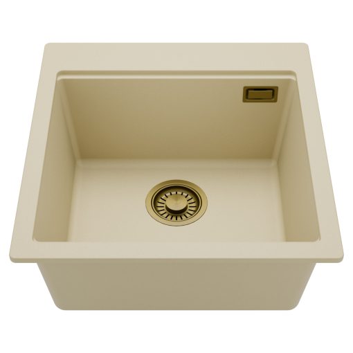 HD Infinity Beige 48 egymedencés gránit mosogatótálca, soft bézs színben, szálcsiszolt arany leeresztő szifonnal