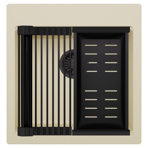 HD Infinity Beige 48 egymedencés gránit mosogatótálca szett, matt fekete csepegtetőráccsal és kosárral, soft bézs színben, matt fekete leeresztő szifonnal