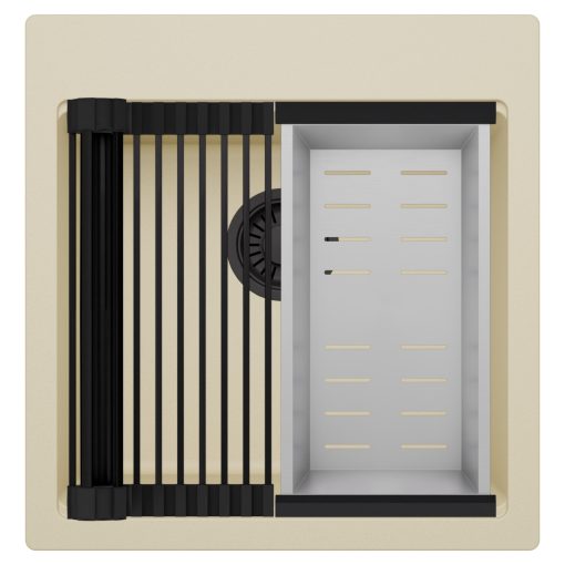 HD Infinity Beige 48 egymedencés gránit mosogatótálca szett, matt fekete csepegtetőráccsal és krómozott kosárral, soft bézs színben, matt fekete leeresztő szifonnal