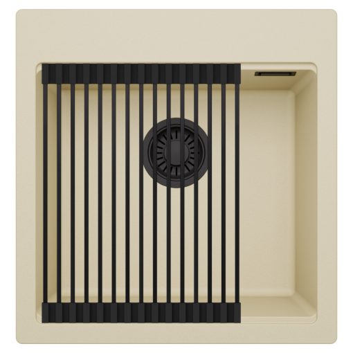 HD Infinity Beige 48 egymedencés gránit mosogatótálca szett, matt fekete csepegtetőráccsal, soft bézs színben, matt fekete leeresztő szifonnal