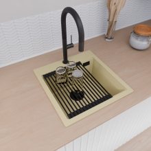 HD Infinity Beige 48 egymedencés gránit mosogatótálca szett, matt fekete csepegtetőráccsal, soft bézs színben, matt fekete leeresztő szifonnal