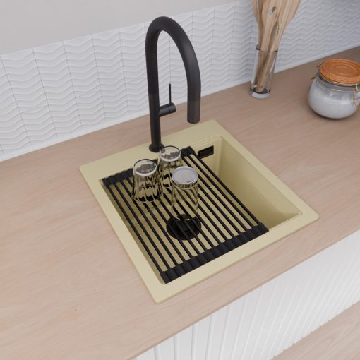 HD Infinity Beige 48 egymedencés gránit mosogatótálca szett, matt fekete csepegtetőráccsal, soft bézs színben, matt fekete leeresztő szifonnal